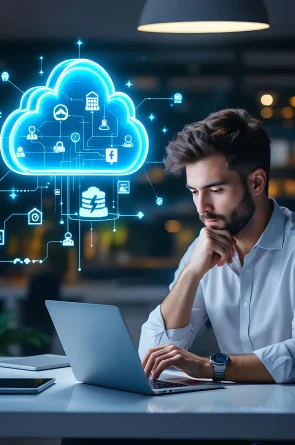 Cloud computing specialist planning connected cloud services