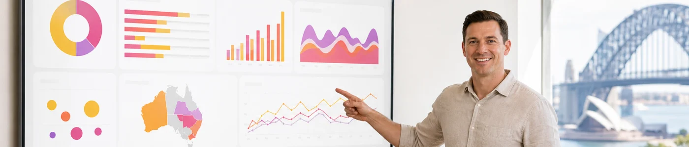Australian presenter explaining Power BI dashboards and analytics